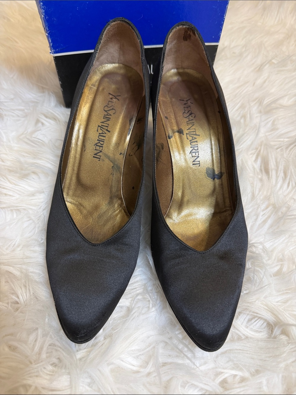 VINTAGE, Yves Saint Laurent Black Satin Pointed-Toe Kitten Heel Pumps Sz 9 - Picture 2 of 13